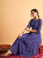 Women Royal Blue & White Bandhej Anarkali Dress