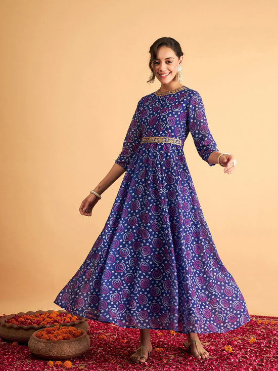 Women Royal Blue & White Bandhej Anarkali Dress