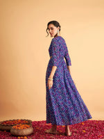 Women Royal Blue & White Bandhej Anarkali Dress