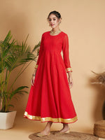 Women Red Dot Foil Print Anarkali Dress