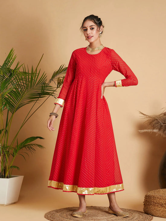 Women Red Dot Foil Print Anarkali Dress