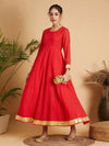 Women Red Dot Foil Print Anarkali Dress