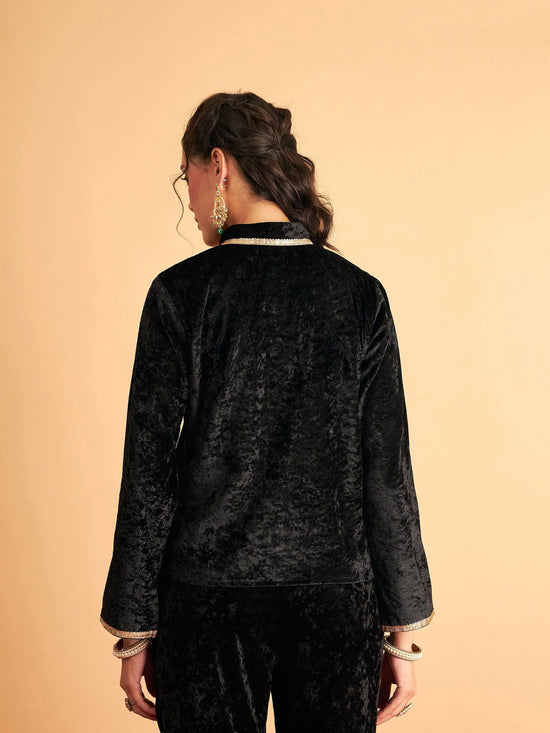 Women Embroidered Standard Black Collared Neck Full Sleeve Jacket