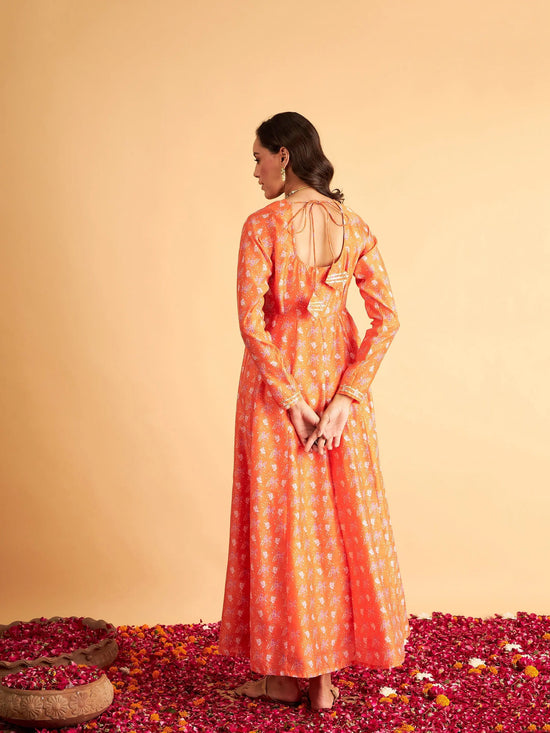 Women Orange Floral Anarkali Maxi Dress