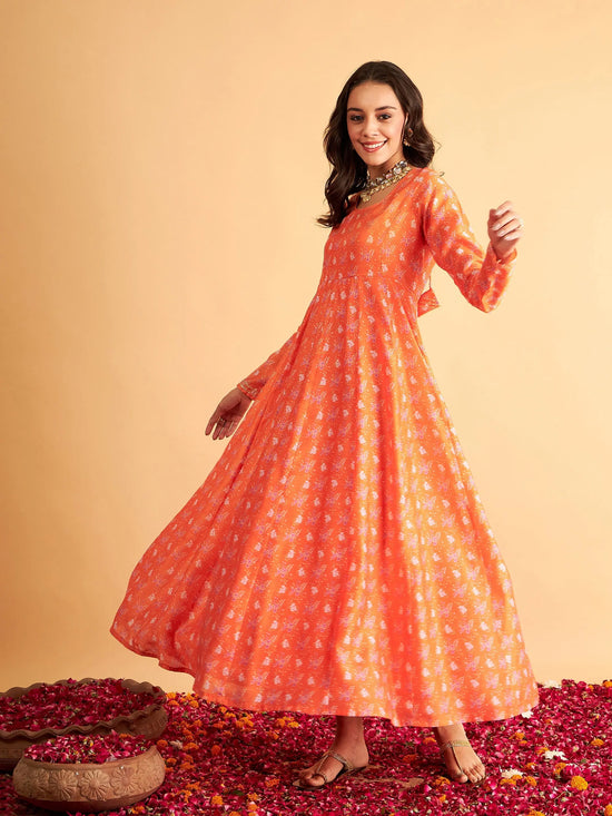 Women Orange Floral Anarkali Maxi Dress