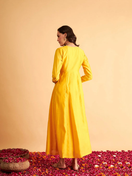 Women Yellow Solid Wrap Neck Anarkali Maxi Dress