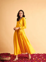 Women Yellow Solid Wrap Neck Anarkali Maxi Dress