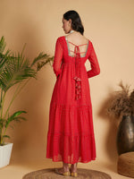 Women Red Dot Foil Print Tiered Maxi Dress