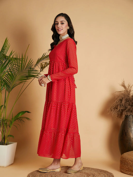 Women Red Dot Foil Print Tiered Maxi Dress