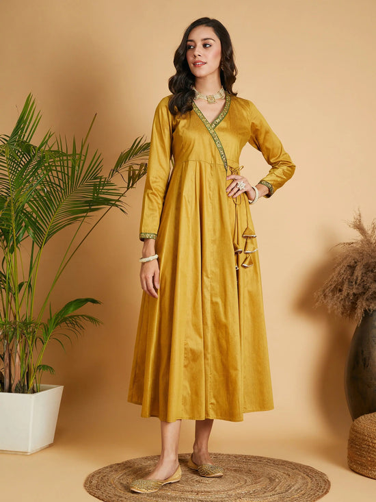 Women Mustard Angrakha Anarkali Dress With Slip