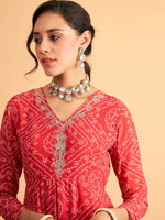 Women Red & White Bandhej Anarkali Dress