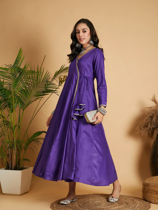 Women Purple Angrakha Anarkali Dress With Slip