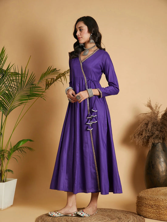 Women Purple Angrakha Anarkali Dress With Slip