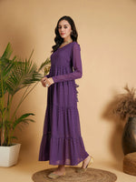 Women Purple Dot Foil Print Tiered Maxi Dress