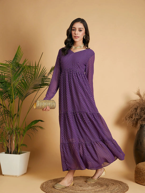 Women Purple Dot Foil Print Tiered Maxi Dress