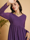 Women Purple Dot Foil Print Tiered Maxi Dress