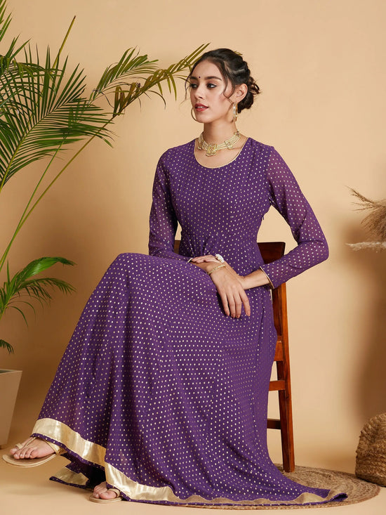 Women Purple Dot Foil Print Anarkali Dress