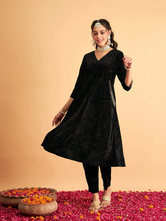 Women Black Velvet Embroidered Pocket Anarkali Dress