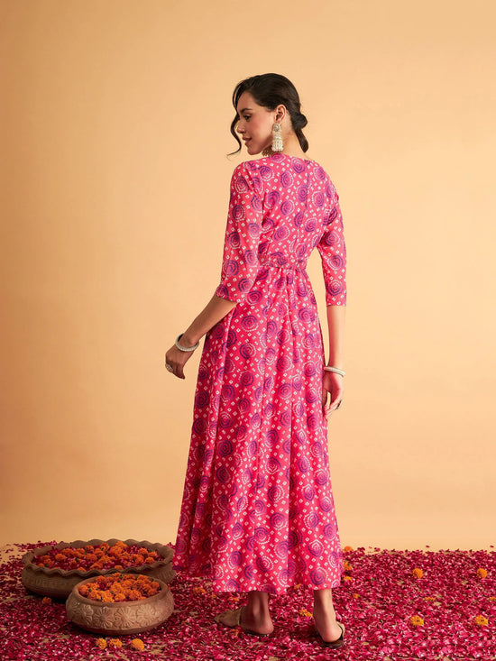 Women Fuchsia & Blue Bandhej Anarkali Dress