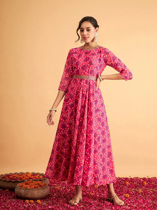 Women Fuchsia & Blue Bandhej Anarkali Dress