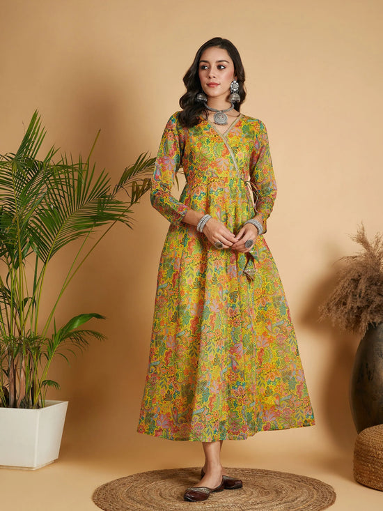 Women Lemon Yellow Floral Anarkali Maxi Dress