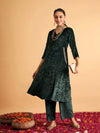 Women Emerald Velvet Embroidered Pocket Anarkali Dress