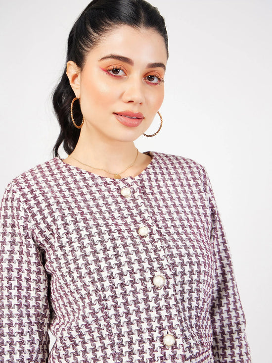 Women Burgundy Geo Jacquard Tweed Full Sleeves Top