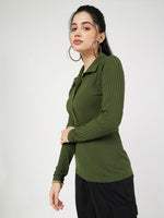 Women Olive Rib Polo Neck Full Sleeves Top