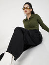 Women Olive Rib Polo Neck Full Sleeves Top