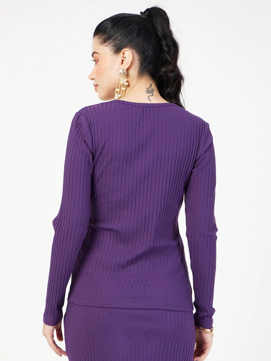 Women Purple Rib Square Neck Full Sleeves Top