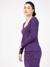 Women Purple Rib Square Neck Full Sleeves Top