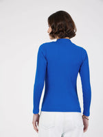 Women Royal Blue Rib Front Zipper Full Sleeves Top