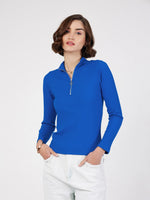 Women Royal Blue Rib Front Zipper Full Sleeves Top