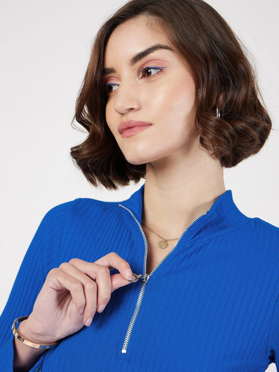 Women Royal Blue Rib Front Zipper Full Sleeves Top