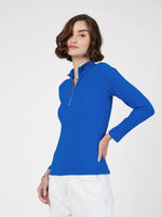 Women Royal Blue Rib Front Zipper Full Sleeves Top