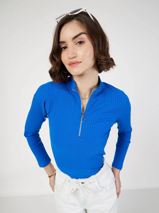 Women Royal Blue Rib Front Zipper Full Sleeves Top