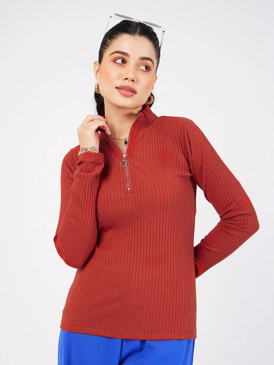 Women Rust Rib Front Zipper Full Sleeves Top