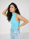 Women Turquoise Rib Turtle Neck Sleeveless Top