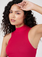 Women Red Rib Turtle Neck Sleeveless Top