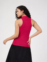 Women Red Rib Turtle Neck Sleeveless Top