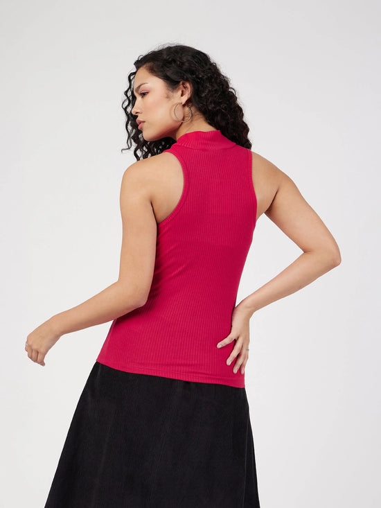 Women Red Rib Turtle Neck Sleeveless Top