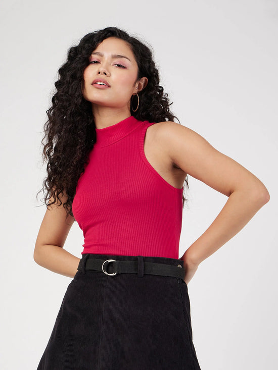 Women Red Rib Turtle Neck Sleeveless Top