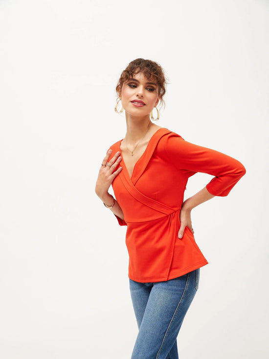 Women Orange V-Neck Peplum Top