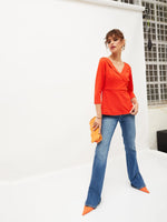 Women Orange V-Neck Peplum Top