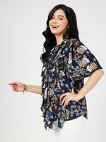 Women Navy Floral Front Tie-Neck Ruffle Top