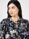 Women Navy Floral Front Tie-Neck Ruffle Top