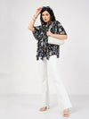 Women Navy Floral Front Tie-Neck Ruffle Top