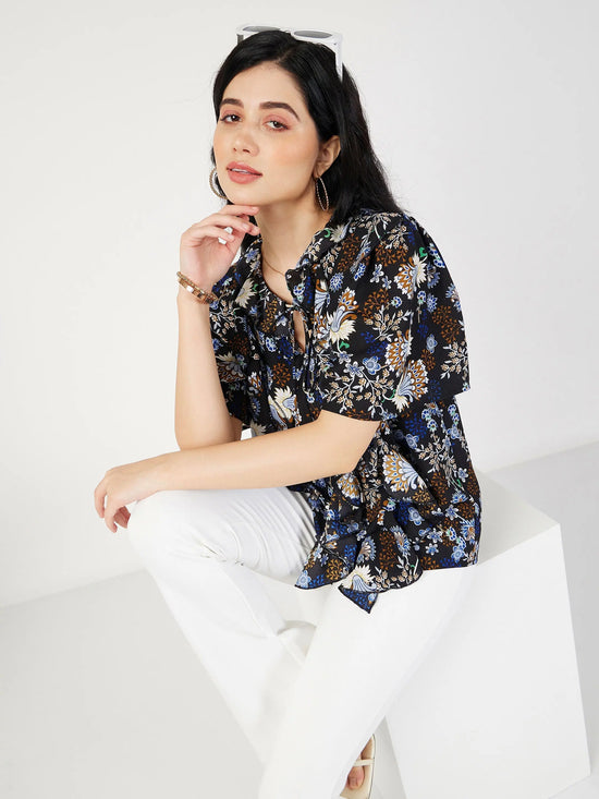 Women Navy Floral Front Tie-Neck Ruffle Top