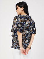 Women Navy Floral Front Tie-Neck Ruffle Top