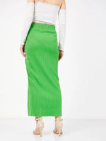 Women Green Rib Front Ruched Midi Skirt